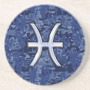 Pisces Zodiac Sign on Navy Blue Digital Camo Decor Zandsteen Onderzetter
