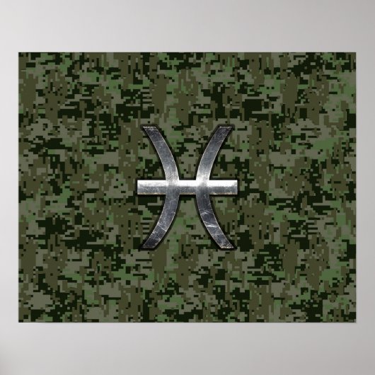 Pisces Zodiac Sign on Woodland Digital Camouflage Poster (Voorkant)