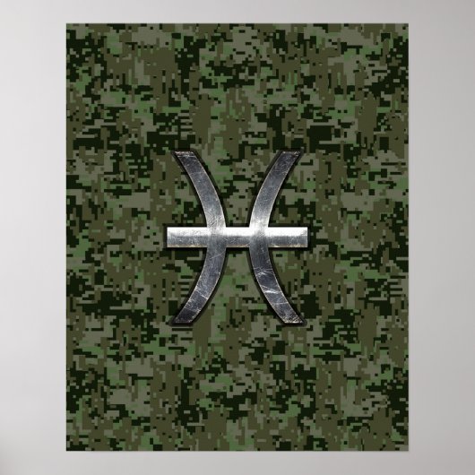 Pisces Zodiac Sign on Woodland Digital Camouflage Poster (Voorkant)