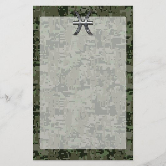 Pisces Zodiac Sign on Woodland Green Digital Camo Briefpapier (Voorkant)