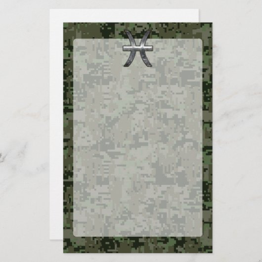Pisces Zodiac Sign on Woodland Green Digital Camo Briefpapier (Voorkant / Achterkant)