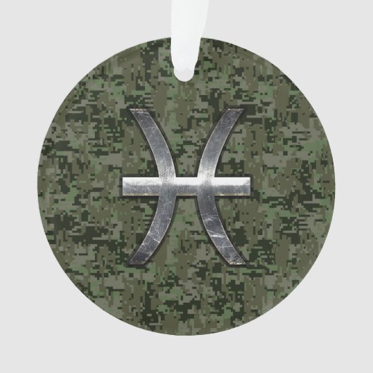Pisces Zodiac Sign on Woodland Green Digital Camo Ornament (voorkant)