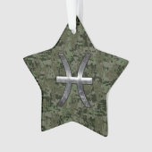 Pisces Zodiac Sign on Woodland Green Digital Camo Ornament (voorkant)