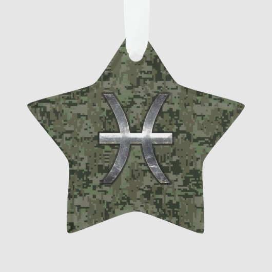Pisces Zodiac Sign on Woodland Green Digital Camo Ornament (voorkant)