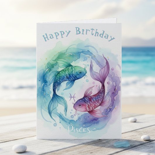 Pisces Zodiac Sign Watercolor Fish Happy Birthday Kaart