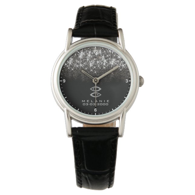 Pisces Zodiac Silver Glitter Stars Geboortedatum Horloge (Voorkant)