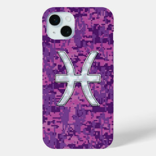 Pisces Zodiac Symbol Fuchsia Digital Camouflage iPhone 15 Mini Hoesje
