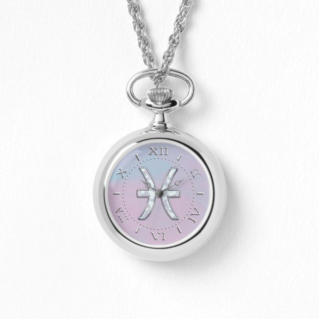 Pisces Zodiac Symbol Moeder Parelwijzerplaat Horloge (Voorkant)