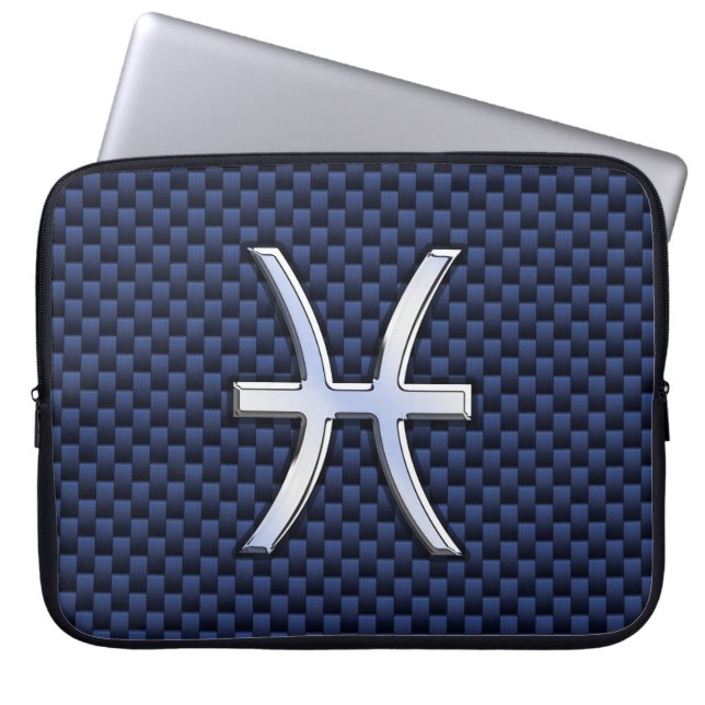 Pisces Zodiac Symbol Navy Blue Carbon Fiber Print Laptop Sleeve (Voorkant)