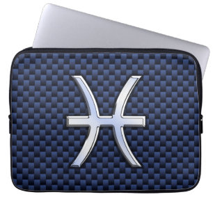 Pisces Zodiac Symbol Navy Blue Carbon Fiber Print Laptop Sleeve