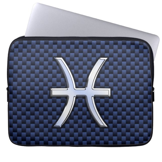 Pisces Zodiac Symbol Navy Blue Carbon Fiber Print Laptop Sleeve (Voorkant)