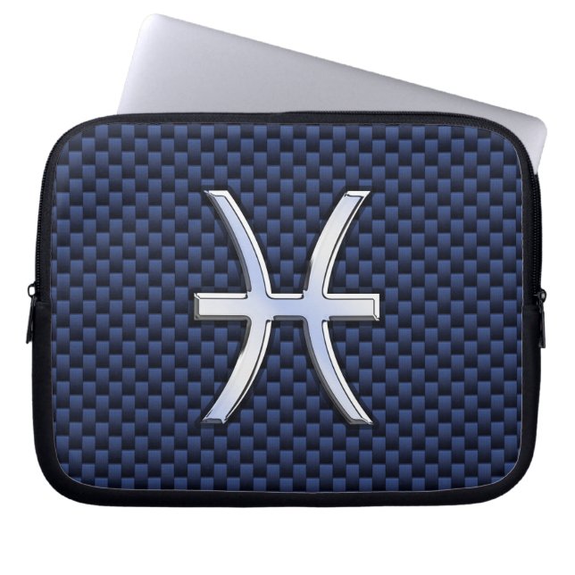 Pisces Zodiac Symbol Navy Blue Carbon Fiber Print Laptop Sleeve (Voorkant)
