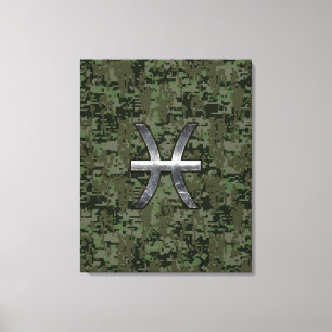 Pisces Zodiac Symbol Woodland Digital Camouflage Canvas Afdruk