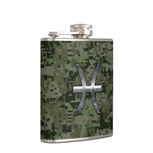 Pisces Zodiac Symbol Woodland Digital Camouflage Heupfles (Rechts)