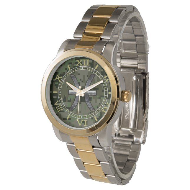 Pisces Zodiac Symbol Woodland Green Camo Dial Horloge (Gekanteld)