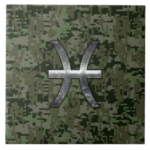 Pisces Zodiac Symbol Woodland Green Digital Camo Tegeltje