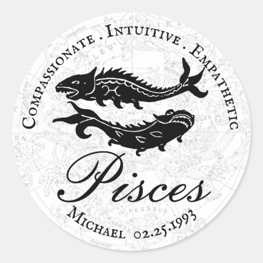 Pisces Zodiac Traits Astrology Black White Ronde Sticker (Voorkant)