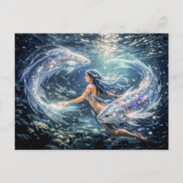 Pisces Zodiac with Woman Surrounded by Two Glowing Briefkaart