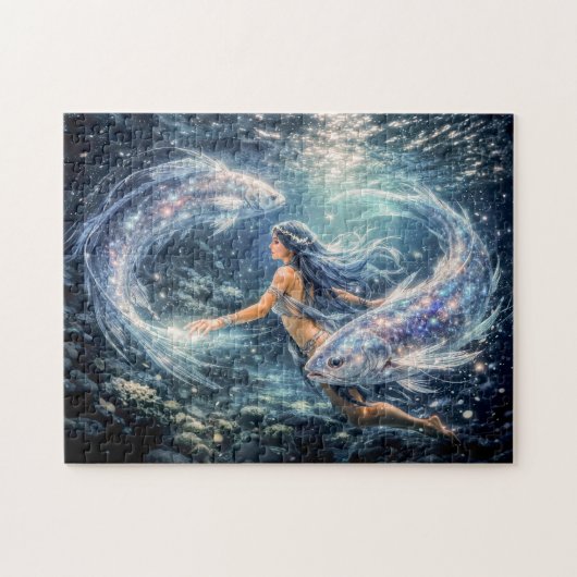 Pisces Zodiac with Woman Surrounded by Two Glowing Legpuzzel (Horizontaal)