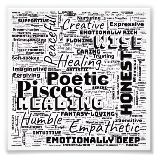 Pisces Zodiac Word Cloud Inspirational Photo  Foto Afdruk (Voorkant)