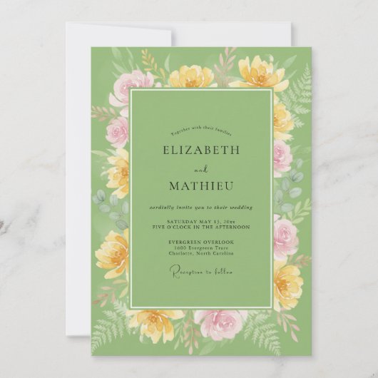 Pistache Geel Ranunculus Eucalyptus Bruiloft Kaart (Voorkant)