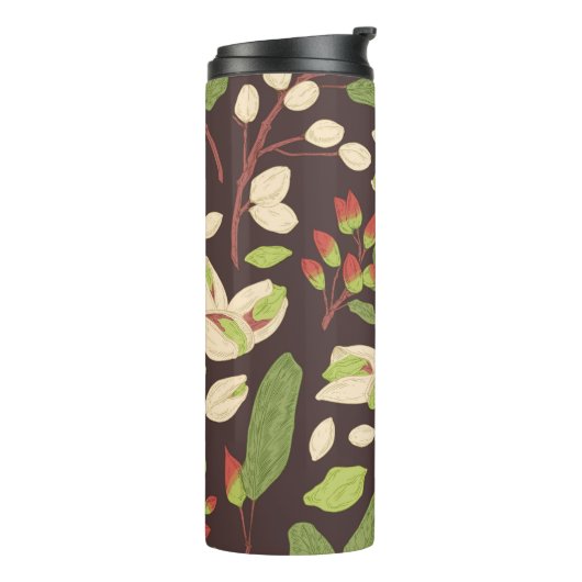 Pistachenoten: Zwart handgetekend naadloos. Thermosbeker (Gedraaid links)