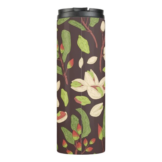 Pistachenoten: Zwart handgetekend naadloos. Thermosbeker (Achterkant)