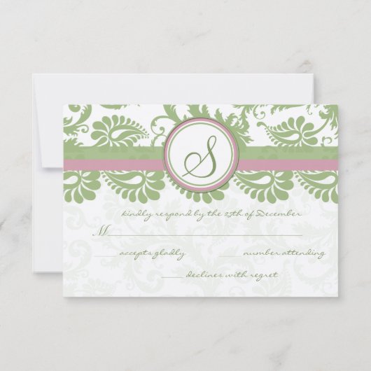 Pistachio Clover Pink Lavender Damask Wedding RSVP (Achterkant)