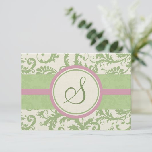 Pistachio Clover Roos Petal Damask Wedding RSVP (Staand voorkant)