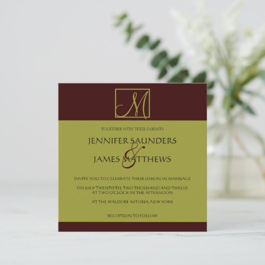 Pistachio & Espresso Monogram Weddenschap Kaart (Staand voorkant)