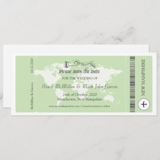 Pistachio Green Boarding Pass Save the Date (Voorkant / Achterkant)