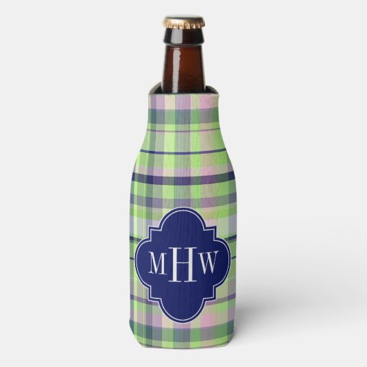 Pistachio Pink Navy Wht Preppy Madras Monogram Flesjeskoeler (Fles Voorkant)