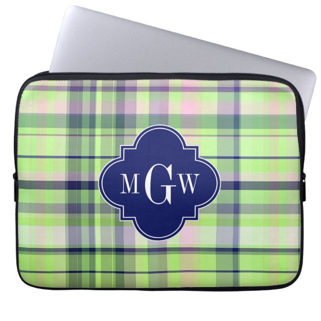 Pistachio Pink Navy Wht Preppy Madras Monogram Laptop Sleeve (Voorkant)