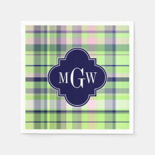Pistachio Pink Navy Wht Preppy Madras Monogram Servet