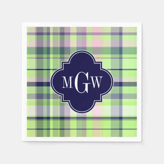 Pistachio Pink Navy Wht Preppy Madras Monogram Servet (Voorkant)