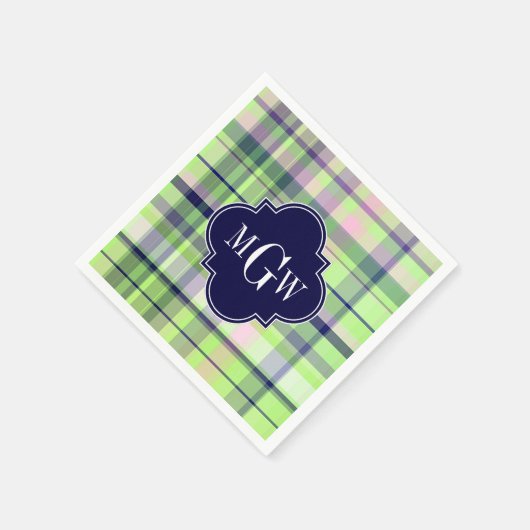 Pistachio Pink Navy Wht Preppy Madras Monogram Servet (Hoek)