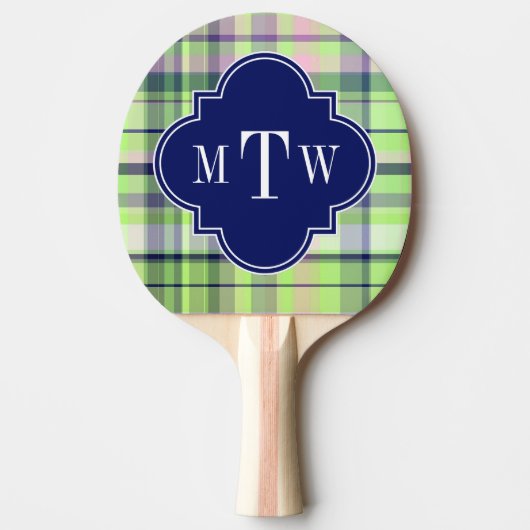 Pistachio Pink Navy Wht Preppy Madras Monogram Tafeltennisbatje (Voorkant)