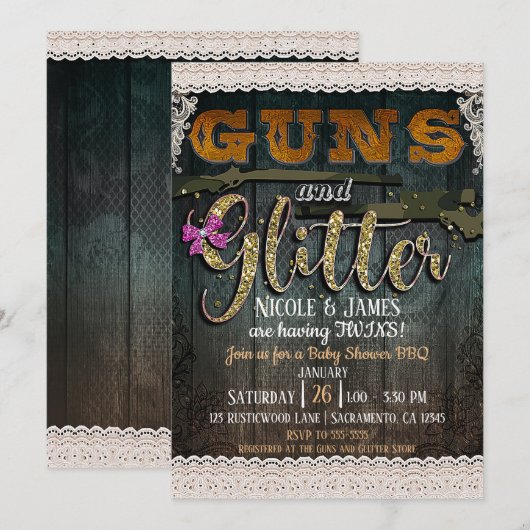 PISTOLEN EN GLITTER Houten Kant Rustiek Baby showe Kaart (Voorkant / Achterkant)