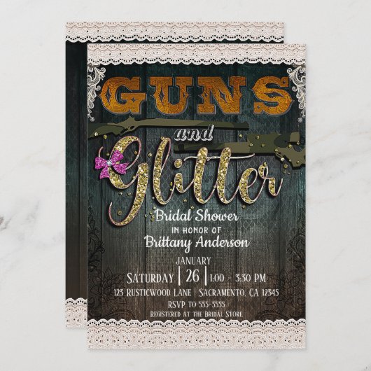 PISTOLEN EN GLITTER Houten Kant Rustiek Vrijgezell Kaart (Voorkant / Achterkant)