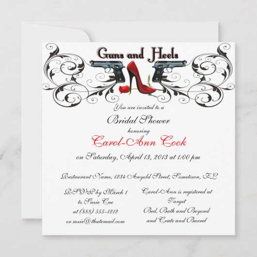 Pistolen en Heels Aangepaste Bridal Shower Invitat Kaart (Voorkant)