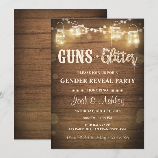 Pistolen of Glitter Gender Reveal Invitation Rusti Kaart (Voorkant / Achterkant)