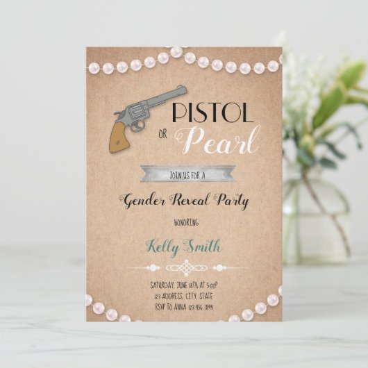 Pistolen of parel geslacht onthullen uitnodiging (Staand voorkant)