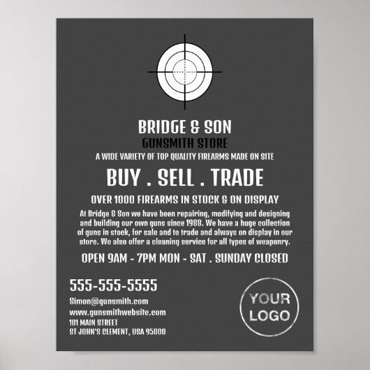 Pistool Target, Gunsmith, Gunstore Adverteren Poster (Voorkant)