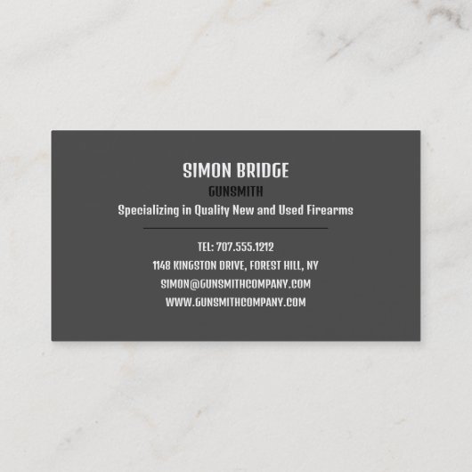 Pistool Target, Gunsmith, Gunstore Visitekaartje (Achterkant)