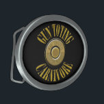 Pistool Toting Carnivore Primer Buckle Gesp<br><div class="desc">Basis van kogel met primer. De tekst luidt "Pistool Toting Carnivore". De kleinere tekst op velg van shell luidt "Kind getest,  Moeder goedgekeurd".</div>