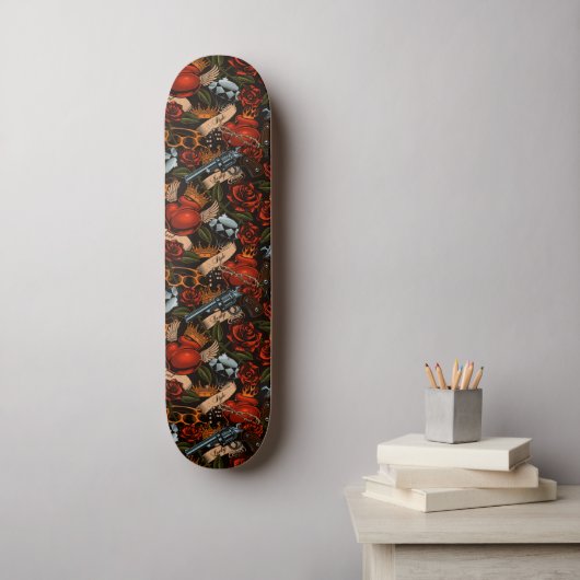 Pistool van de schedel Rozen Graffiti patroon Persoonlijk Skateboard (Muurkunst)