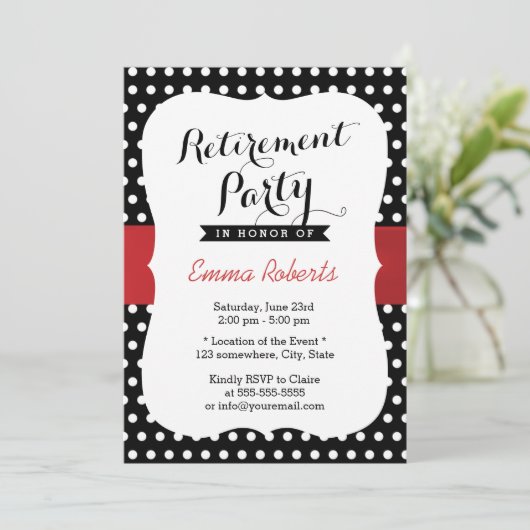Pit bij pensionering Red Ribbon Black White Polka  Kaart (Staand voorkant)