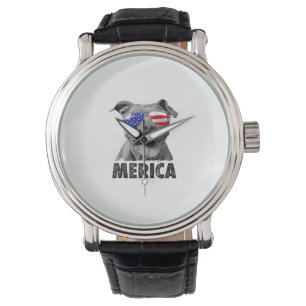 Pit Bull 4 juli Merica Mannen American Flag Sung Horloge
