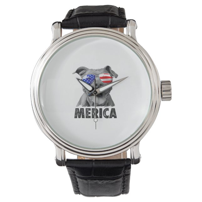 Pit Bull 4 juli Merica Mannen American Flag Sung Horloge (Voorkant)