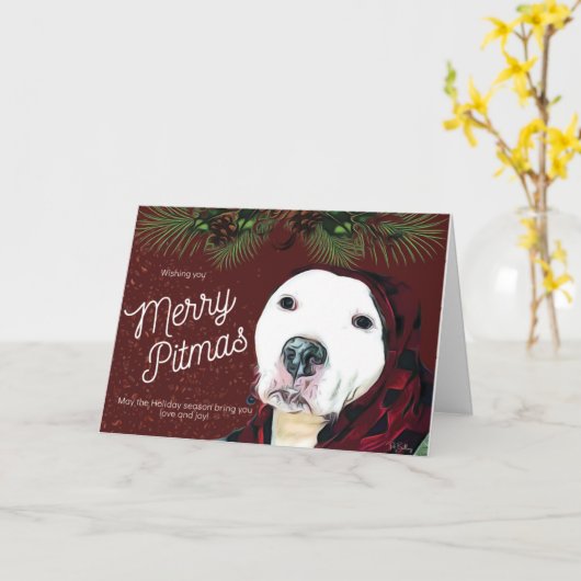Pit Bull Christmas "Merry Pitmas"  Greeting Card Kaart (Gele Bloem)